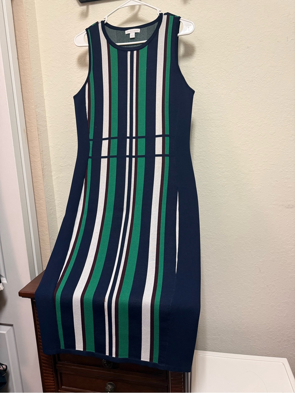 New York & Company Navy Green White Striped Sleeveless Knit Dress